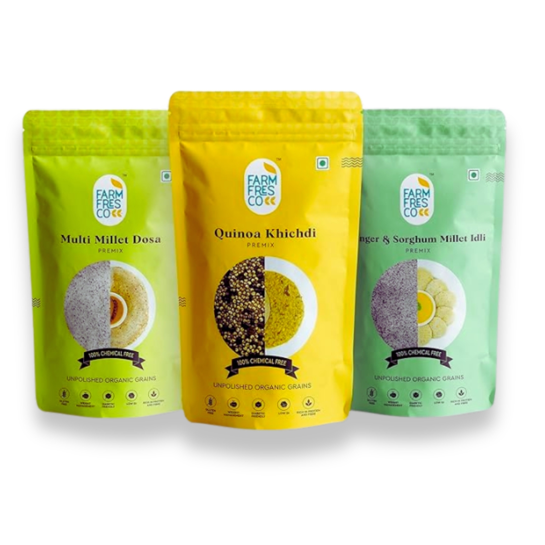 Millets for Glowing Skin (Finger & Sorghum Idli | Quinoa Khichdi | Multi Millet Dosa) 165G | Pack of 3.