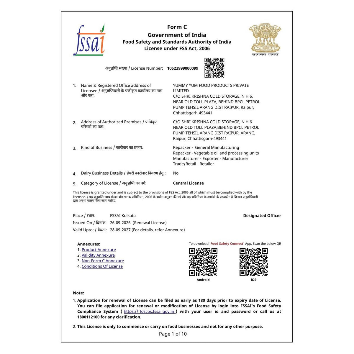 Farm Fresco FSSAI licence