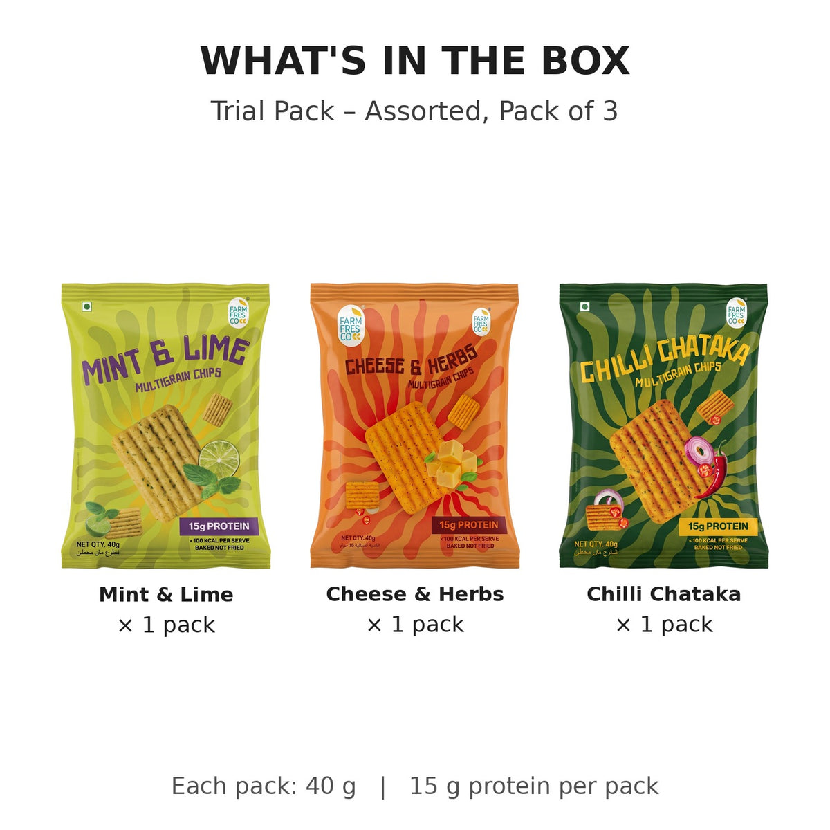 Assorted Protein Chips – Mint & Lime, Cheese & Herbs, Chilli Chataka - what's in the box