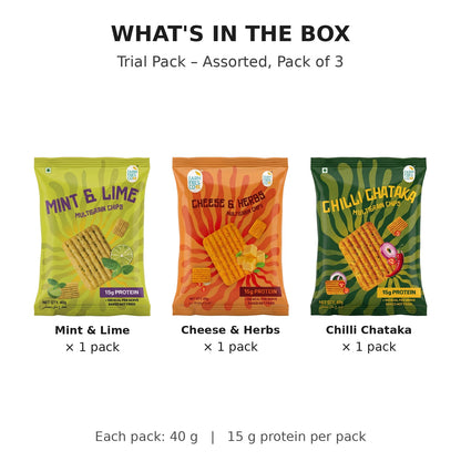 Assorted Protein Chips – Mint & Lime, Cheese & Herbs, Chilli Chataka - what's in the box