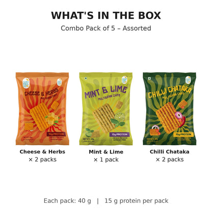 Assorted Protein Chips – Mint & Lime, Cheese & Herbs, Chilli Chataka - what's in the box