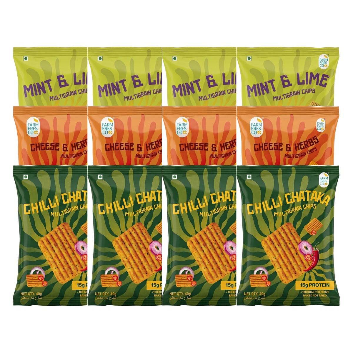 Assorted Protein Chips – Mint & Lime, Cheese & Herbs, Chilli Chataka - party pack of 12