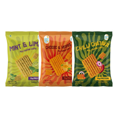 Assorted Protein Chips – Mint & Lime, Cheese & Herbs, Chilli Chataka - trial pack of 3